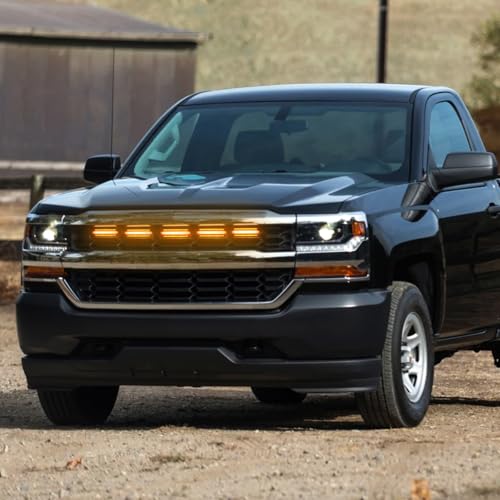 Image of LED Front Grill Lights for 2016 2017 2018 Chevy Silverado 1500 Accessories | Fits Silverado Custom WT LT LS Only Grille Light Bar with adaptor fuse Waterproof smoked lens Bright 6000K Silverado lights