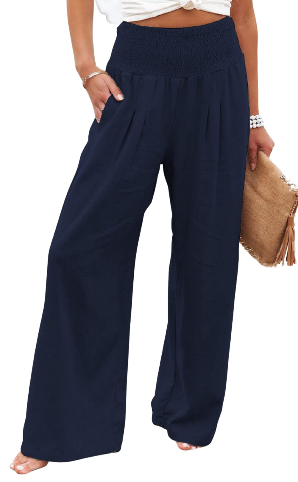 loveimgs Womens Boho Cotton Linen Wide Leg Lounge Pants Elastic Waist Beach Palazzo with Pocket