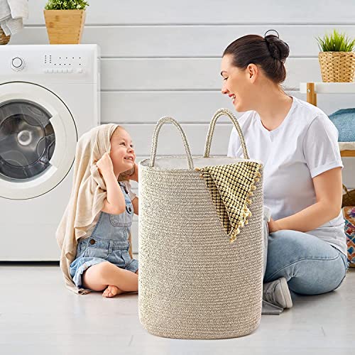 60L Woven Cotton Rope Hamper, Collapsible Laundry Basket With Handles, Tall Blanket Storage Bin For Clothes, Towels, Toys In Bedroom, Living Room, Nursery, Dorm - Brown #TOP6