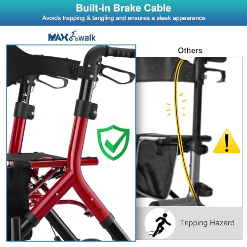 Image of MAXWALK Rollator Walker with Seat, Tall Walkers for Seniors, 12 inch Big Rubber Wheels All Terrain Rollator Walker with Backrest, Built-in Cable, Foldable and Dual Adjustable Height for 5.3-7ft, Red