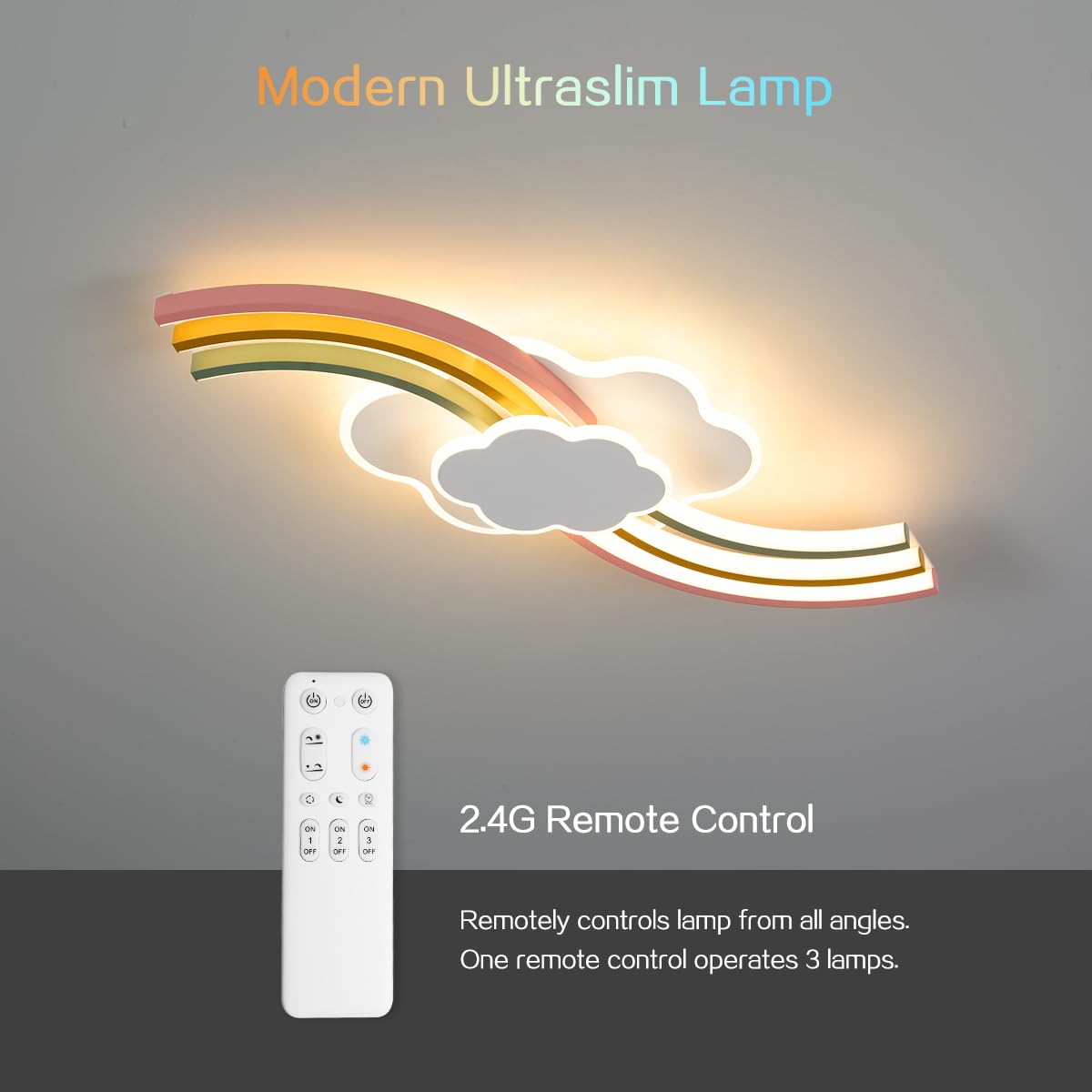 Lámpara de techo para habitación infantil 62 cm, luz LED con mando a distancia, nube creativa, lámpara de techo arcoíris, 3000 K-6000 K, intensidad variable, temporizador y luz nocturna para