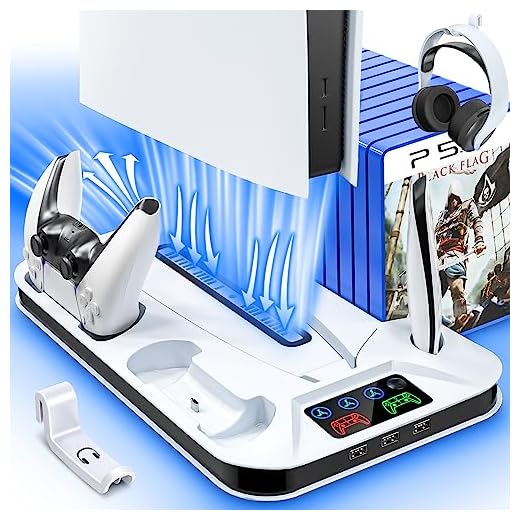 PS5 Stand and Cooling Station with Dual Controller Charging, PS5 Cooler Stand Vertical with Cooling Fan for Playstation 5 Console Disc/Digital, PS5 Accessories,USB Ports,Headset Holder,Game Slots