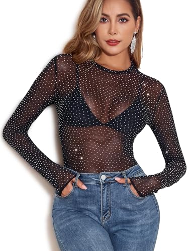 YYA Sparkly Mesh Top for Women Long Sleeve Round Neck Mesh Shirt Sheer Shiny Top Solid Floral Tee Shirts S-XXL4