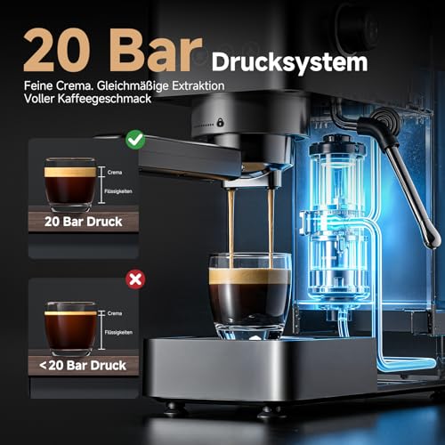 AMZCHEF Siebträgermaschine 20 Bar, Espressomaschine Klein, 1350W, Schwarz – Ansicht 2