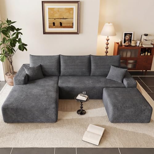 Image of 95 inch U-Shape Cloud Couch, Modern Modular Sectional L-Shape Sofa with Ottoman, Corduroy Upholstered Couches Deep Seat Sleeper Chaise Longue for Living Room, No Assembly Required(Dark Gray, Left Facing)