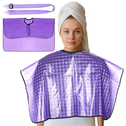 Image of Shower Cape Cover Lanyard for Mastectomy Drain Holder, Waterproof Shower Cape, Purple Post-Mastectomy Must Haves Shower Garment Lanyards Bulbs Management Rope Clips