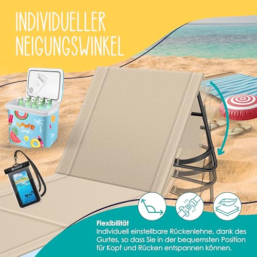 KESSER® 2er Set Strandmatte klappbar mit Verstellbarer Rückenlehne, Tragegurt, wasserdichter Tasche & Aufbewahrung – Faltbare Sonnenliege für Strand, Garten & Terrasse je 130 kg belastbar