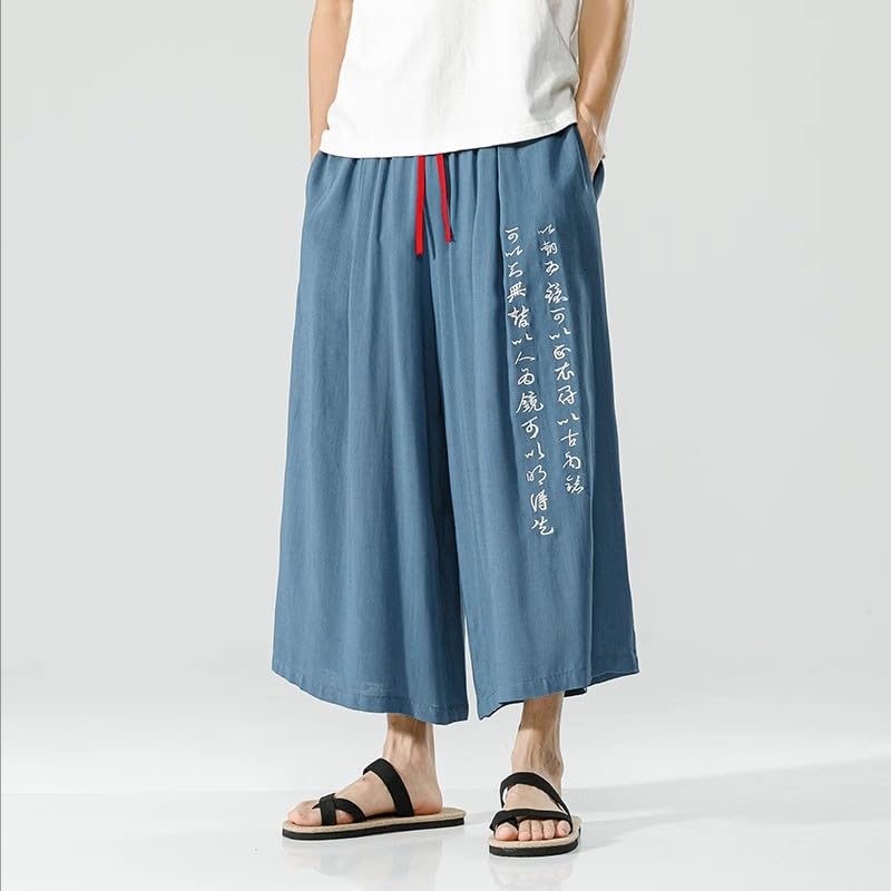 Xingfenly Chinese Calligraphy Embroidered Men' Wide-Legged Pants Summer Cotton Linen Straight-Legged Retro Casual2
