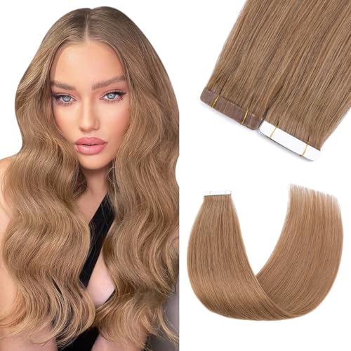 40cm - Silk-co Extensiones Adhesivas Pelo Natural Sin Clip con Cinta Adhesiva (20pcs*1.5g) 100% Cabello Humano Liso Largo Se Ve Natural 100% Remy 30g - 6# Marrón Claro