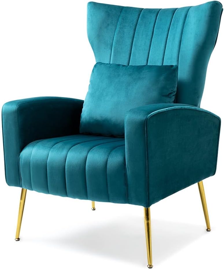 WQSLHX Living Room Chairs Velvet Accent Chair with Lumbar Pillow, High Back Armchair Mid Century Modern Vanity Chair for Bedroom with Armrest, Arm Chair with Golden Metal Legs, Blue Teal : Home & Kitchen