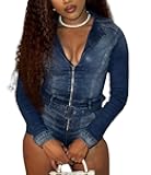 Long Sleeve Denim Jumpsuit for Women V-neck Jean Romper Sexy Bodycon Short Overalls Women
