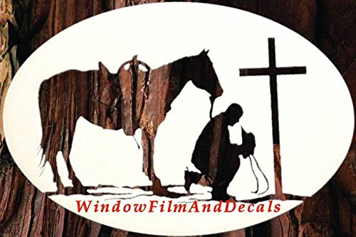 Praying Cowboy Oval Etched Window Decal Vinyl Glass Cling - 8" X 12" - White With Clear Design Elements #TOP24