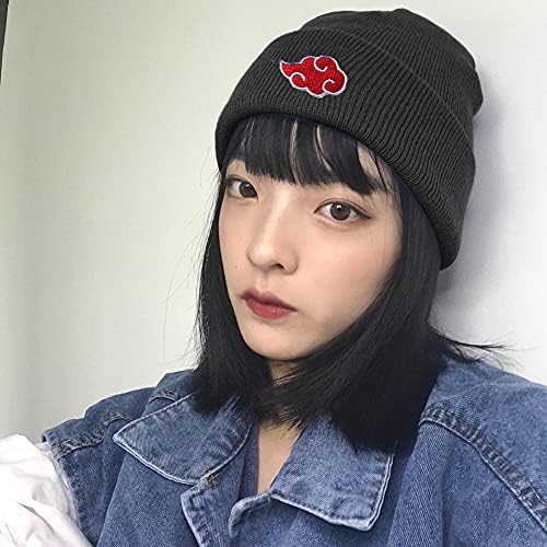 Anime Naruto Knitted Kit,Akatsuki Beanie Hat+Finger Gloves Akatsuki Kids Gloves,Unisex Solid Cloud Hat Winter Knitted Warm Cap Knitted Gloves, for Fans, Black