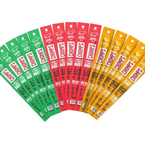 CHOMPS!!!! Grass Fed Beef, Jalapeño Beef & Turkey Jerky Sticks, Originals Variety Pack, 15 Sticks: (5) Original Beef, (5) Jalapeño Beef, (5) Original Turkey - Keto, Whole30, Paleo + LuxProdX Magnet