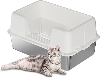 Zstar Inodoro para Gatos de Acero Inoxidable, Extragrande con Paredes Laterales Altas, extraíble y fácil de Limpiar con Tapa, 60 x 40 x 36,5, Color Blanco