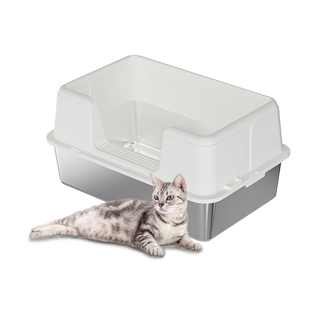 GarveeMore Litiere para Gatos de Acero Inoxidable, XXL Bandeja de Arena para Gatos, semicerrada Caja de Cama