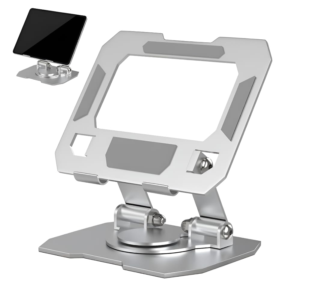 Aluminium Tablet Stand Holder with 360° Rotating Base & Multi-Angle Adjustment, Universal Desk Tablet Dock for iPad Pro/Air/Mini, Samsung Galaxy Tab & All Tablets (Silver)