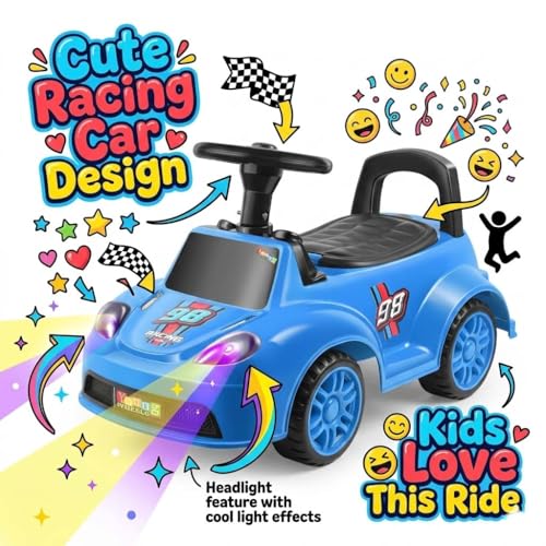 Image of Kids Ride On Blue Car for Toddlers with Steering Wheel & Backrest | Foot to Floor Baby Push Car | Indoor Outdoor | Strong Wheels & Comfortable Seat | Racing Design for Boys & Girls (1-3 Years)