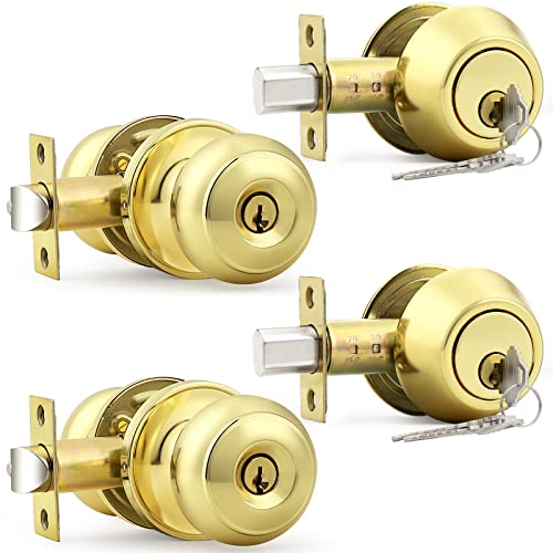 Probrico Keyed Entry Door Knobs Exterior Lockset and Double Cylinder Deadbolt Combination Set for Front Door, Polished Brass (2 Pack) Keyed Alike