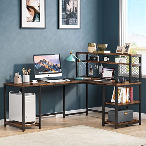Tribesigns 67" Reversible Large Computer Desk With Hutch, Office Desk Study Table Writing Desk Workstation With 5 Storage Shelves 2 Tier Bookshelf For Home Office (Rustic Brown) #TOP6