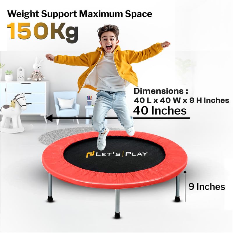 Image of LET'S PLAY Trampoline Jumping Trainer for Kids and Adult, 40 INCH Rebounder Trampoline with Metal Springs and Padding for Indoor and Outdoor (Red)