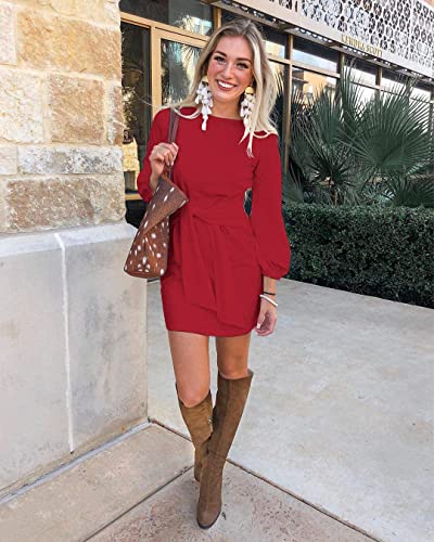 Prettygarden Women’s Elegant Long Lantern Sleeve Short Dress Crewneck Tie Waist Knit Cocktail Dress Red #TOP1