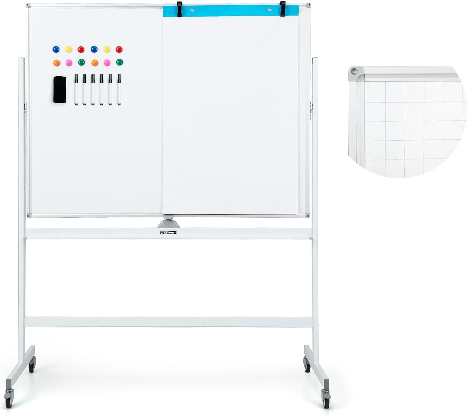 FANTASK Double Sided Mobile Whiteboard 120 x 90 cm Dry Erase Magnetic Whiteboard with Grid Pattern Wheels Stand and Pen Tray Includes Accessories for Office Home White