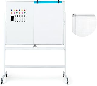 FANTASK Doppelseitiges mobiles Whiteboard, 120 x 90 cm, Trocken abwischbares magnetisches Whiteboard mit Gittermuster, Rollen, Ständer und Stiftablage, inkl. Zubehör für Büro, Zuhause (Weiß)