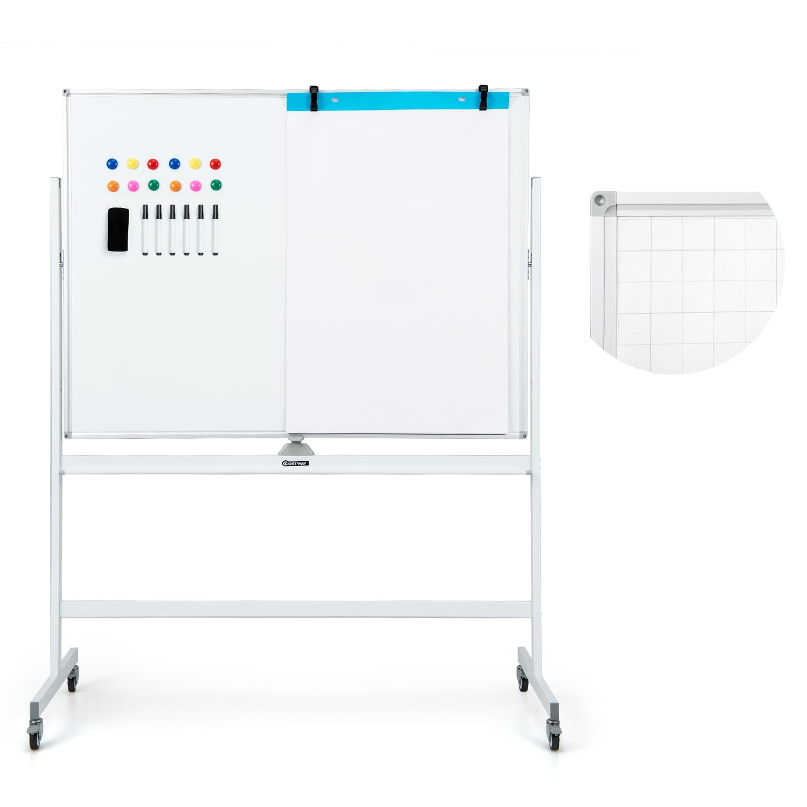 FANTASK Doppelseitiges mobiles Whiteboard, 120 x 90 cm, Trocken abwischbares magnetisches Whiteboard mit Gittermuster, Rollen, Ständer und Stiftablage, inkl. Zubehör für Büro, Zuhause (Weiß)