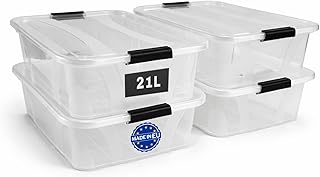 Aufbewahrungsboxen 4er-Set mit Deckel – Stapelbare Kunststoffboxen 7L, 14L, 21L, 32L, 55L, 80L Transparent mit Klickverschluss & Griffen, BPA-frei, Lebensmittelgeeignet, Ordnungskisten (21 L)