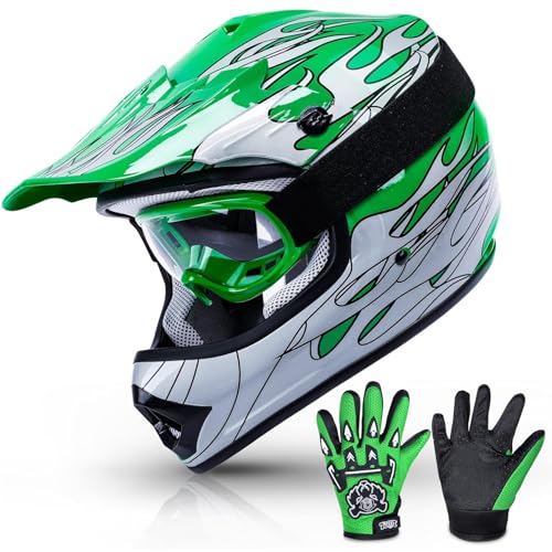 TCMT Dot Youth & Kids Motocross Offroad Street Green Flame Motorcycle Youth Helmet Dirt Bike...