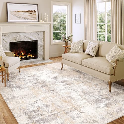 HUGEAR Beige Grau Teppich Wohnzimmer 150x210cm Waschbarer | Waschbarer Modern Abstrakter Teppich,Rutschfest, Kurzflorig, Weich, für Wohnzimmer, Schlafzimmer, Esszimmer,Büro
