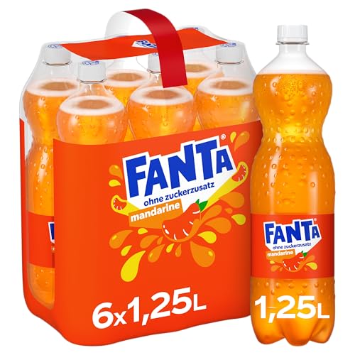 Fanta Zero Mandarine Limonade zuckerfreies kalorienfreies Erfrischungsgetränk mit fruchtigem Mandarine-Geschmack 6x 1 25L Einweg PET Flaschen Vorratspack