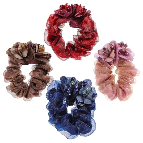 MALUGOGO 4 coleteros para el pelo para mujer con delicado diseño de flores, material de tela, lazos para el pelo que se pueden llevar como pulsera, menos carga para la vida diaria y citas