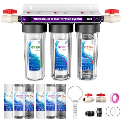 Whole House Water Filter System, 3-Stage Home Water Filtration System, Extra 2 Sets of Filters, 1.5-2 Years Filter Life, Reduce Chlorine Sediment Taste, 3/4' Ports with 2 Valves, for Well & City Water