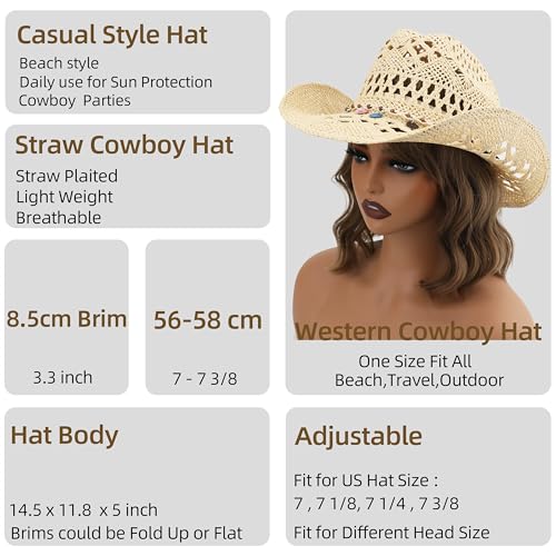 Image of Straw Cowboy Hat, Western Cowgirl Hat, Wide Brim Sun Beach Hat for Men and Women