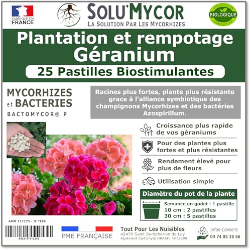 SoluMycor – 25 Pastilles Biostimulantes Géraniums – Idéal pour Semis & Plantation – Mycorhizes & Bactéries Azospirillum – Favorise le Développement Racinaire – Fabriqué en France