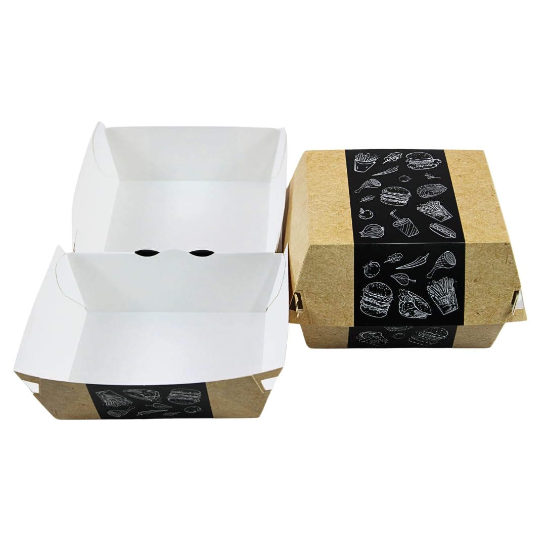 Enpack Burger-Boxen aus Kraftpapier Beige – 100 Stück – 11,5 × 11,5 × 5 cm – Einweg Burger-Schalen mit Klappdeckel, innen beschichtet – Snackbox To Go für Burger, Sandwich & Pommes