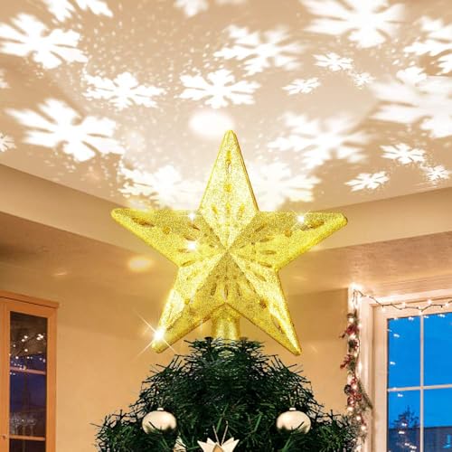 Puntale per Albero di Natale, Stelle Albero di Natale Effetto di Proiezione di Luce Dinamica del Fiocco di Neve e Stella