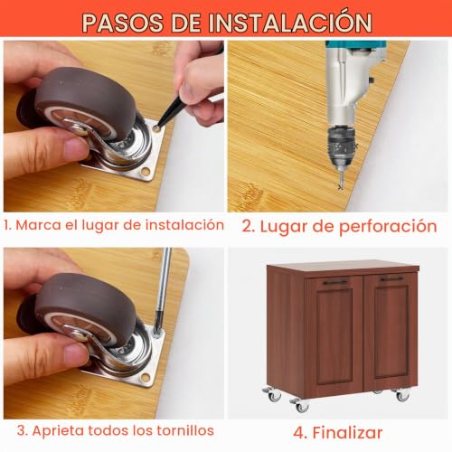 Miniatura 4 de Lectorias 4 Piezas Ruedas Para Muebles 50 Mm, Rueda Giratorias 360 Con Freno, Ruedas De Goma Para Muebles Pesados Exterior, Silencioso Y Resistente Ruedas Para Banco De Trabajo, Con 16 Tornillos
