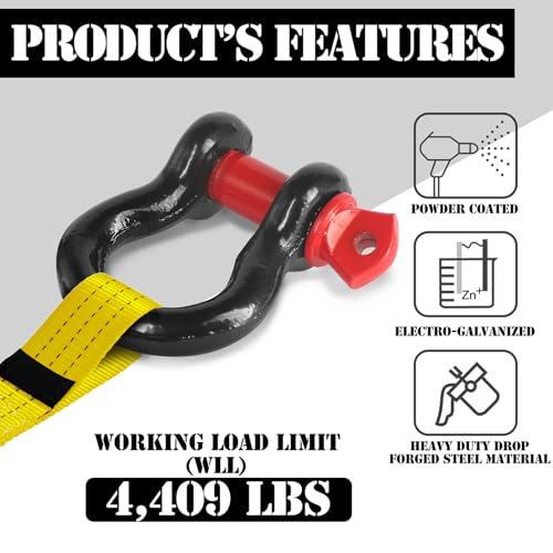 Image of 1 /2 inch D Ring Shackle with 5 /8 inch Screw Pin, 2T Working Load Limit (WLL) / 12T (26,455 lb) Minimum Breaking Strength (MBS) for Tow Strap Winch, Off-Road Vehicle Recovery (Black /Red, 2 Pack)