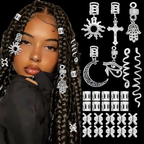 VENOFEN Hair Charms for Braids - 27pcs Silver Loc Jewelry, Multi Style Loc Dreadlock Beads, Sprial Hair Decoration Metal Hair Cuffs Rings Braid Accessories for Women and Men