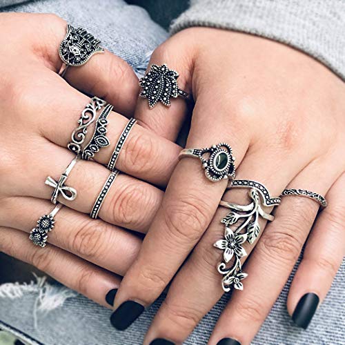 Edary Crystal Ring Set Boho Fashion Flower Joint Knuckle Rings Vintage Silver Ring for Women and Girls (set of 12)