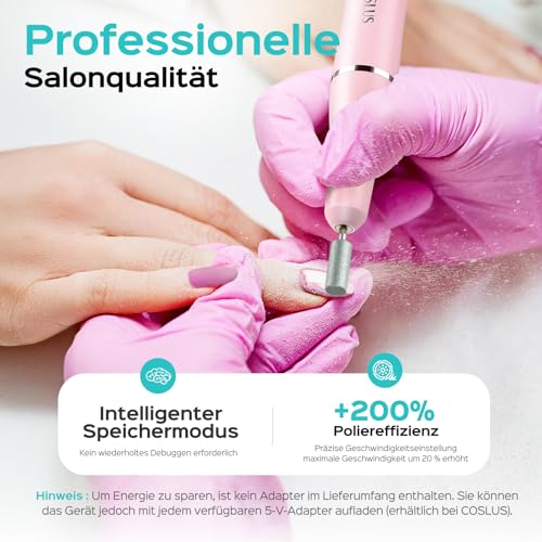 COSLUS Nagelfräser Kabellos Tragbar für Gelnägel: elektrische Nagelfeile stufenloser Geschwindigkeitsregelung für Maniküre Pediküre und Acrylnägel Plastik Nail Drill für Anfänger & Nagelstudio Zuhause