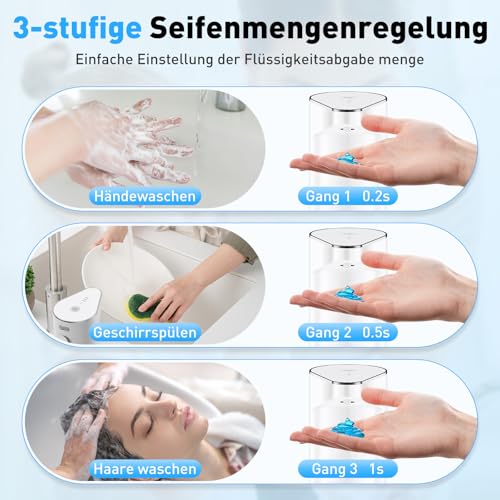 Fantictas Automatischer Seifenspender, berührungslos, Wandmontage, wiederaufladbar, 3-stufig Einstellbarer elektrischer Seifenspender 350ml mit Infrarot-Bewegungssensor für Badezimmer, Küche,Weiß 4