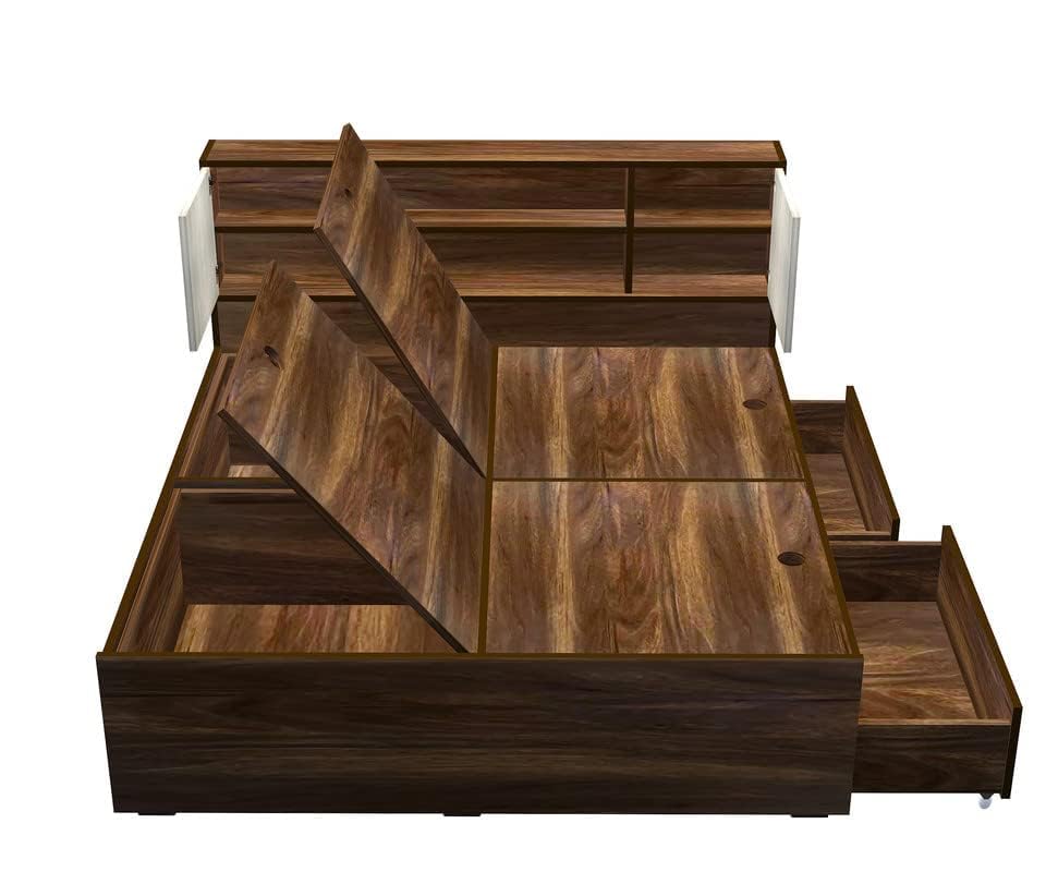 Image of Torque Henrich Engineered Wood King Size Bed with Drawer Storage & Back Storage - Brown | Wooden Palang Diwan Cot for Living Room Furniture | Double Bed for Sleeping