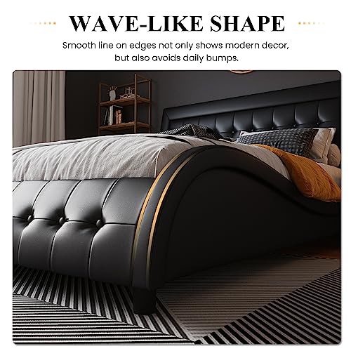 Sha Cerlin King Size Box-Tufted Platform Bed Frame/Faux Leather Upholstered Bed Frame With Adjustable Headboard/Wood Slat Support/Wave-Like Modern Bed/Low Profile/Black #TOP4