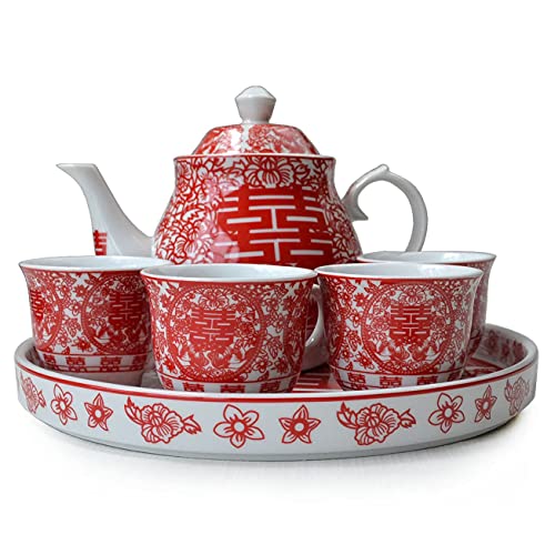 Chinese Tea Gift Set Service Porcelain Tea Pot 4 Cups Tray For Adults Men Women Tea Ceremony Wedding Party Home Decor (Double Happiness（囍Xi）) #TOP3