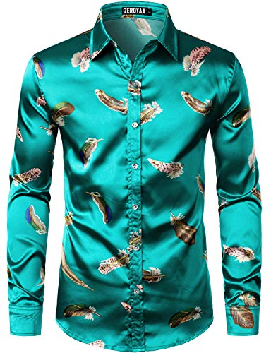 Image of ZEROYAA Men's Luxury Printed Silk Like Satin Button Down Dress Shirt for Party Prom