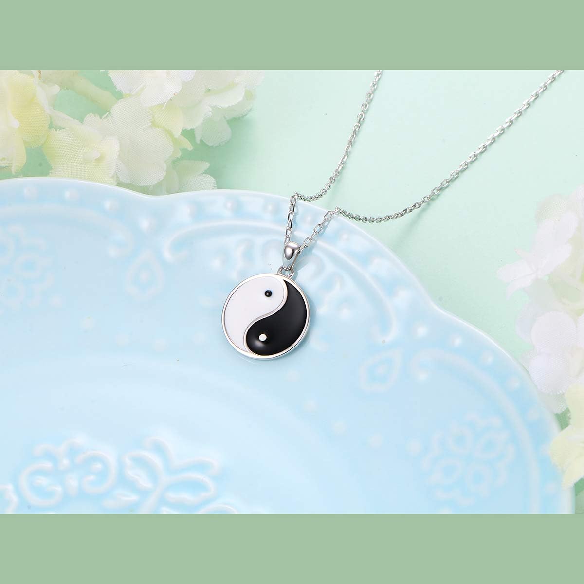 Alphm S925 Sterling Silver Yin Yang Tai Chi Choker Short Dainty Pendant Necklace for Women